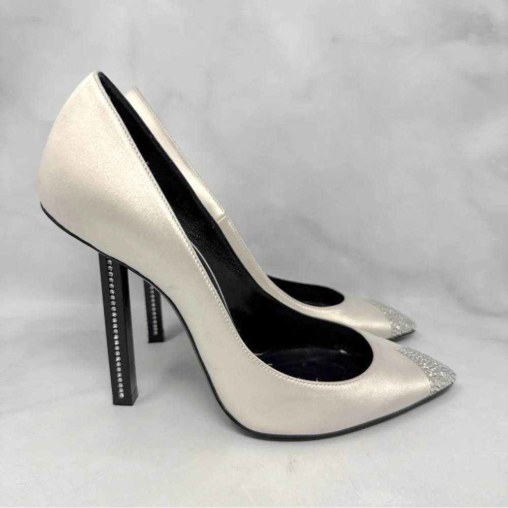 Saint Laurent Tower 110 Strass Embellished Silk Satin Pointed Toe Pump Heel 36.5